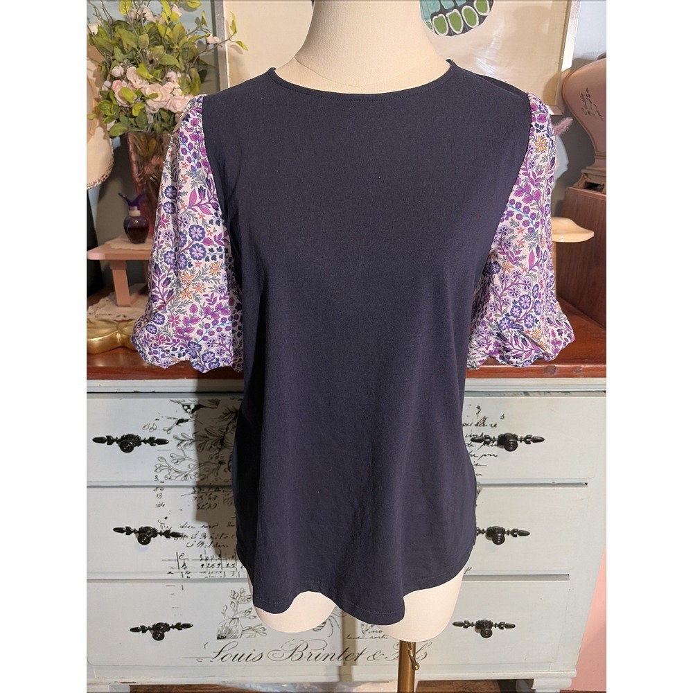Talbots Navy Knit Top Purple Floral Puff Sleeve Blouse Medium Petite